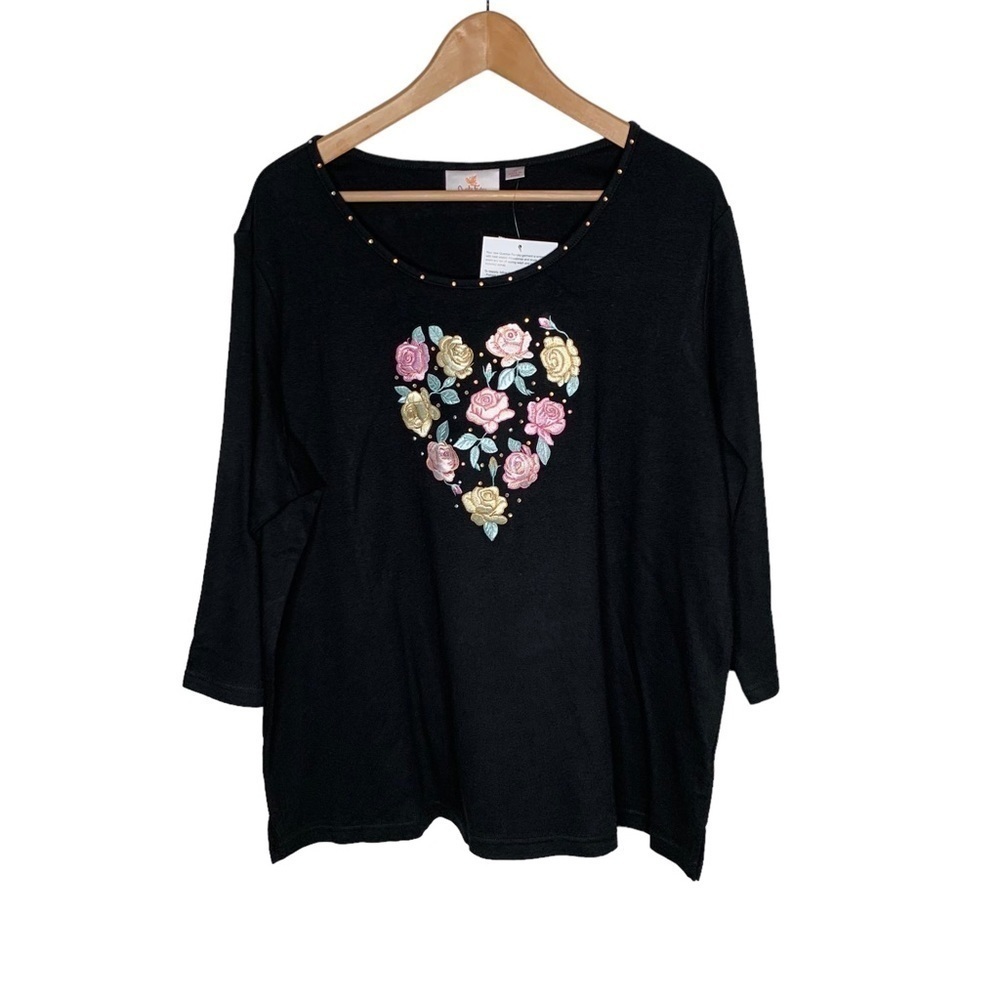 New Quaker Factory Womens Embroidered Floral Shirt Size 1X Black BNWT bling
